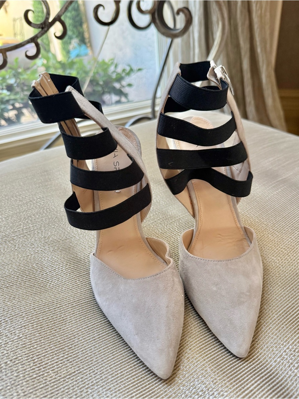 Via Spiga Pointed-Toe Strappy Pumps in Light Gray and Black